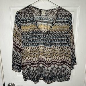 Ariat Women's Sheer V-Neck Aztec Print 3/4 Sleeve Tunic Blouse Size Medium